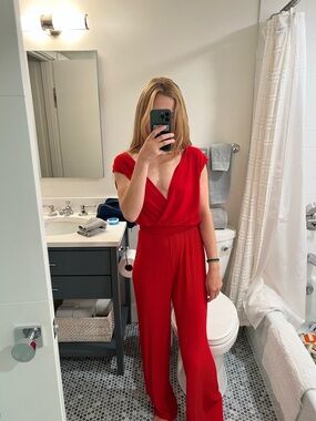 Red V-Neck Pleated Wide-Leg Jumpsuit